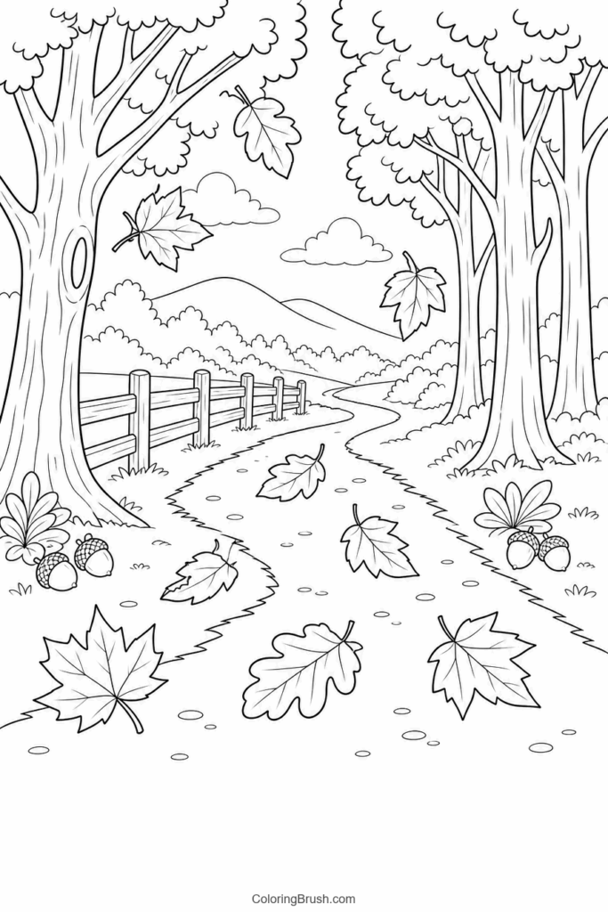Autumn Forest Path With Falling Leaves printable autumn coloring page