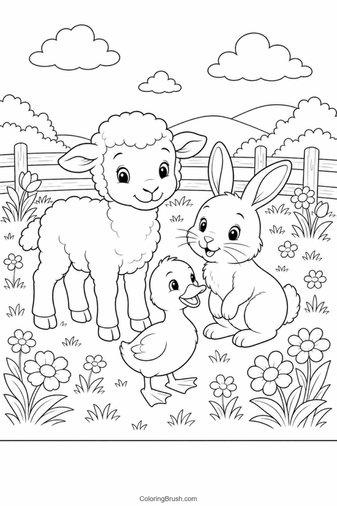 Baby Animals In Spring Meadow printable spring coloring page