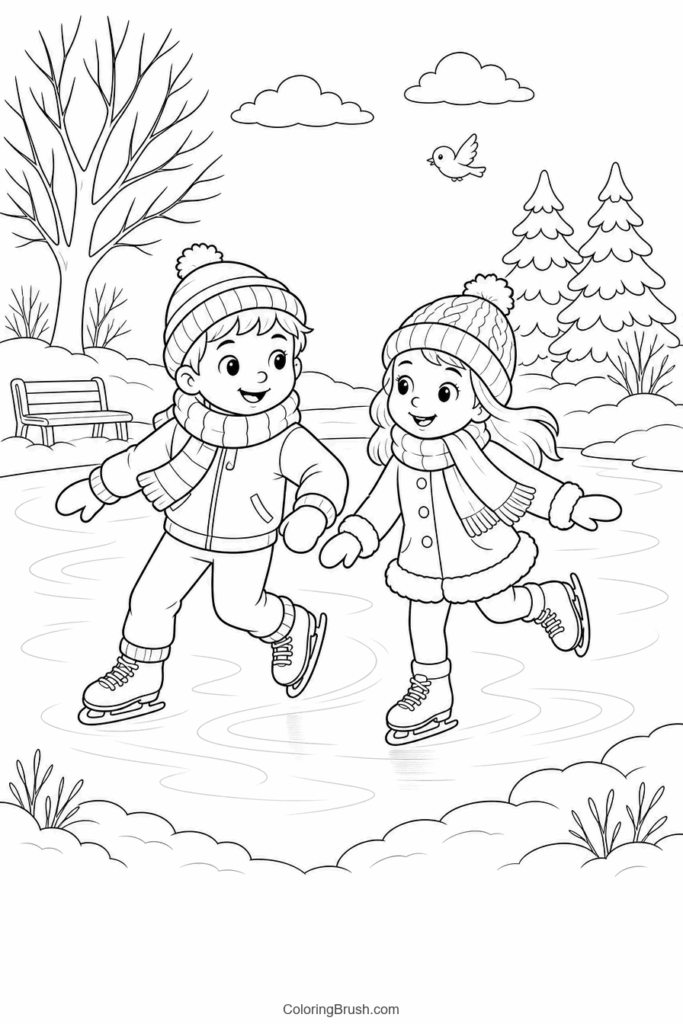 Children Skating On Frozen Pond printable winter coloring page