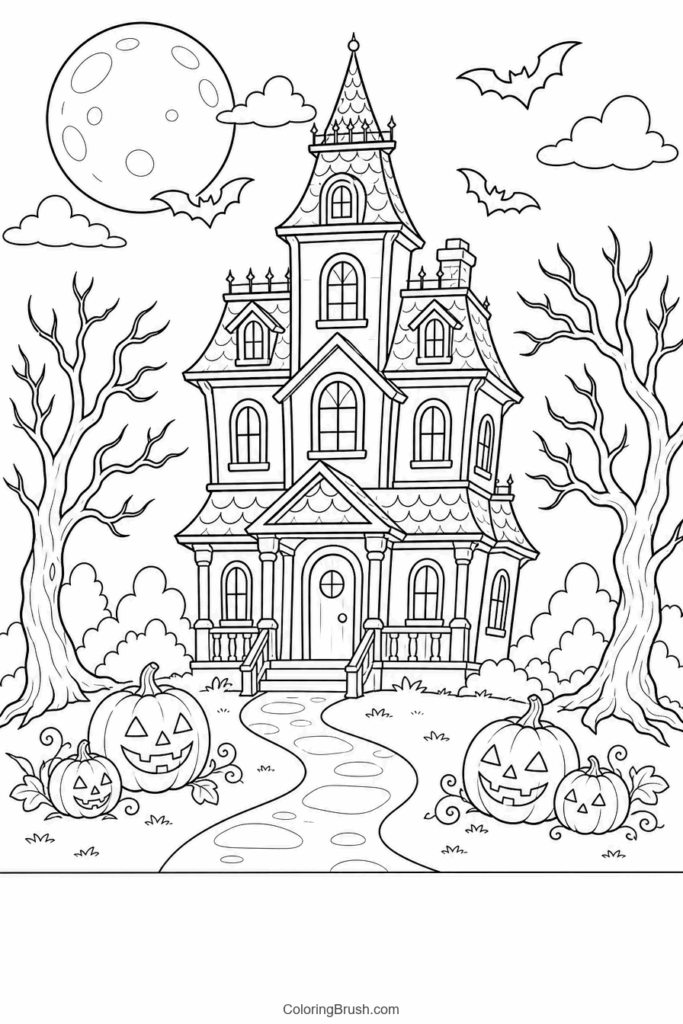 Classic Haunted House With Moon printable haunted house coloring page
