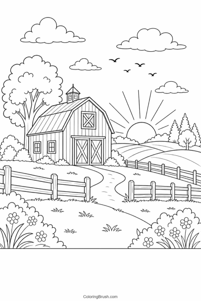 Countryside Barn At Sunset printable sunset coloring page