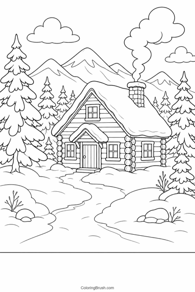 Cozy Winter Cabin In Forest printable winter coloring page