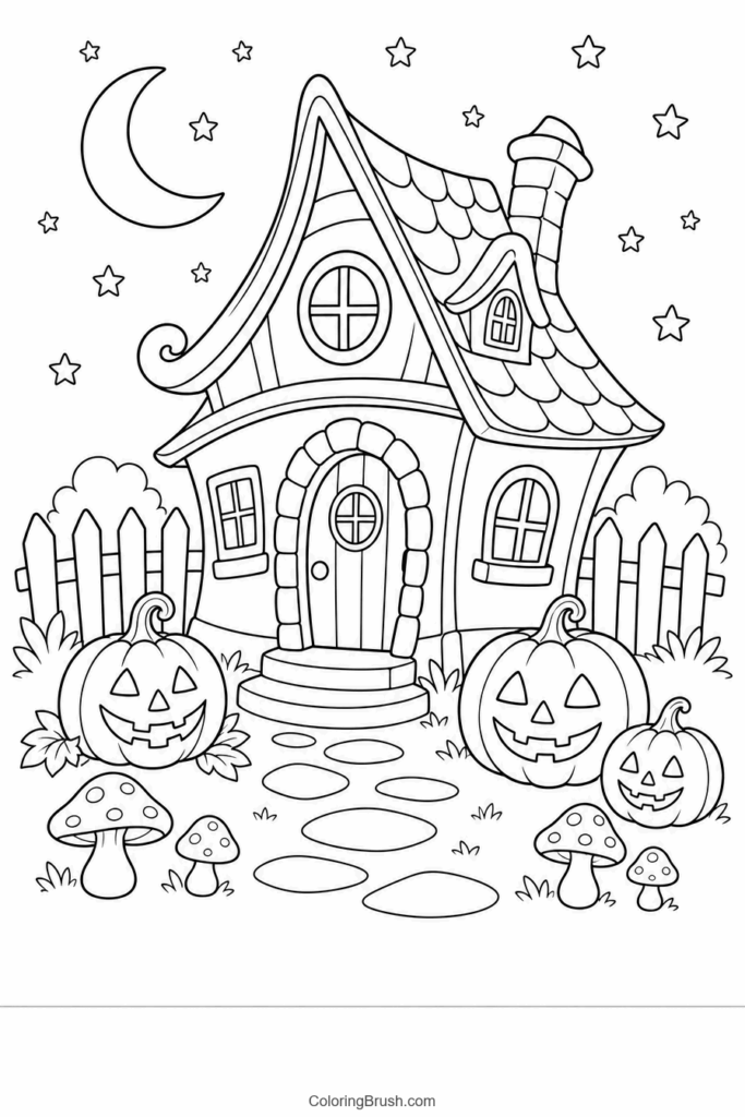 Crooked Halloween Cottage printable haunted house coloring page