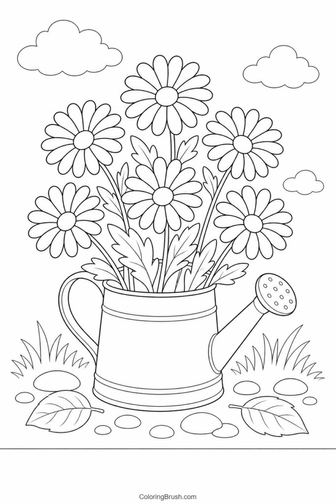 Daisies In Watering Can printable daisy coloring page