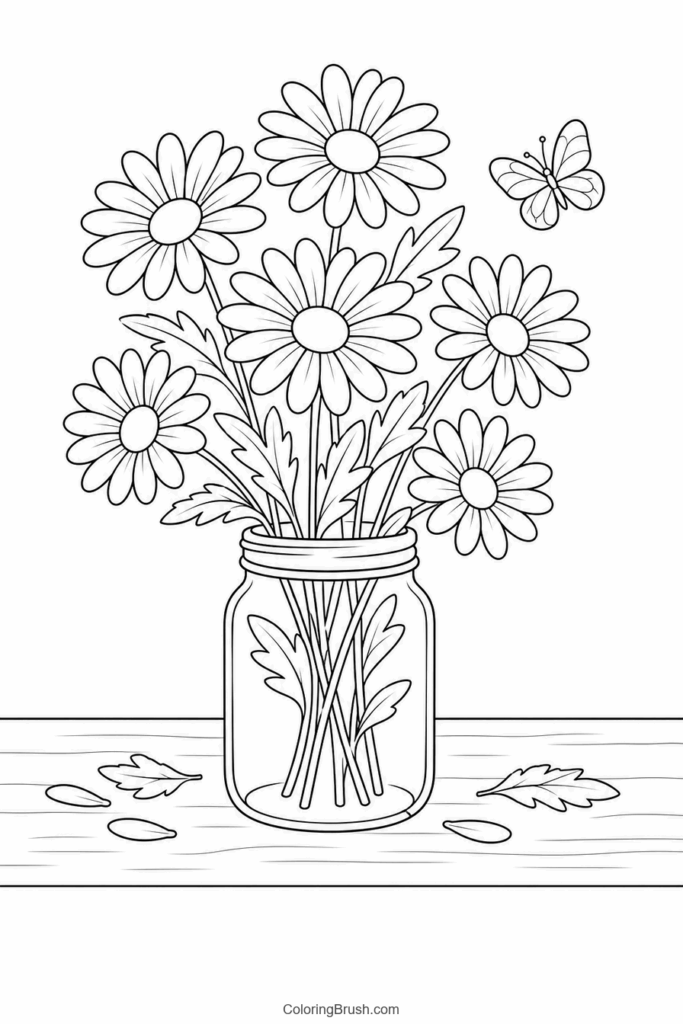 Daisy Bouquet In Mason Jar printable daisy coloring page