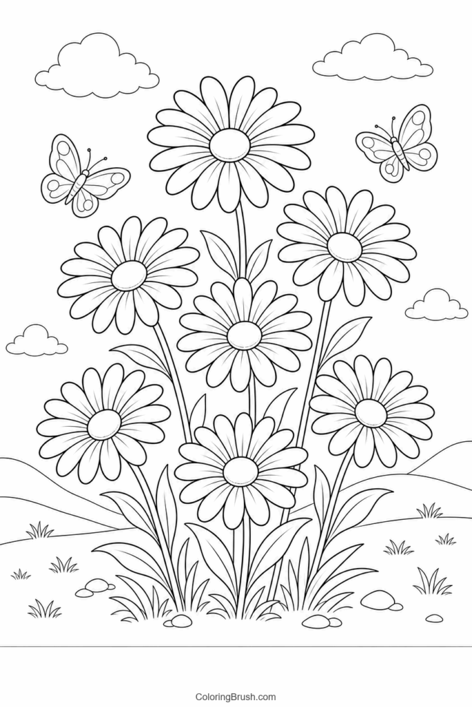 Daisy Meadow With Butterflies printable daisy coloring page