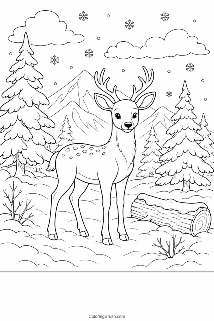 Deer In Winter Forest printable winter coloring page