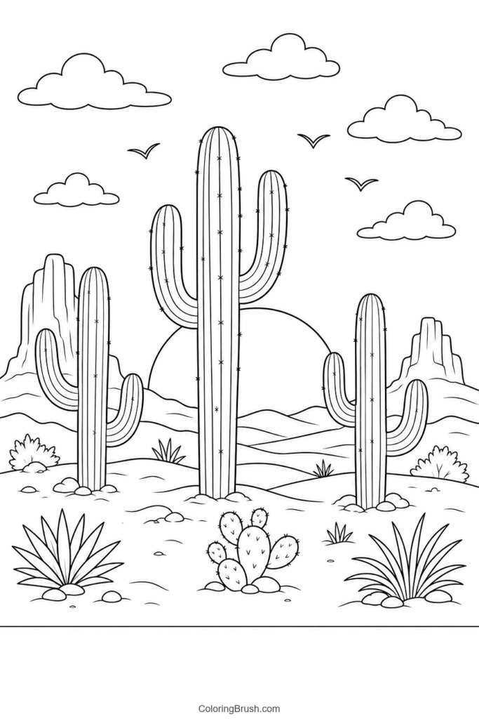 Desert Cactus Sunset printable sunset coloring page