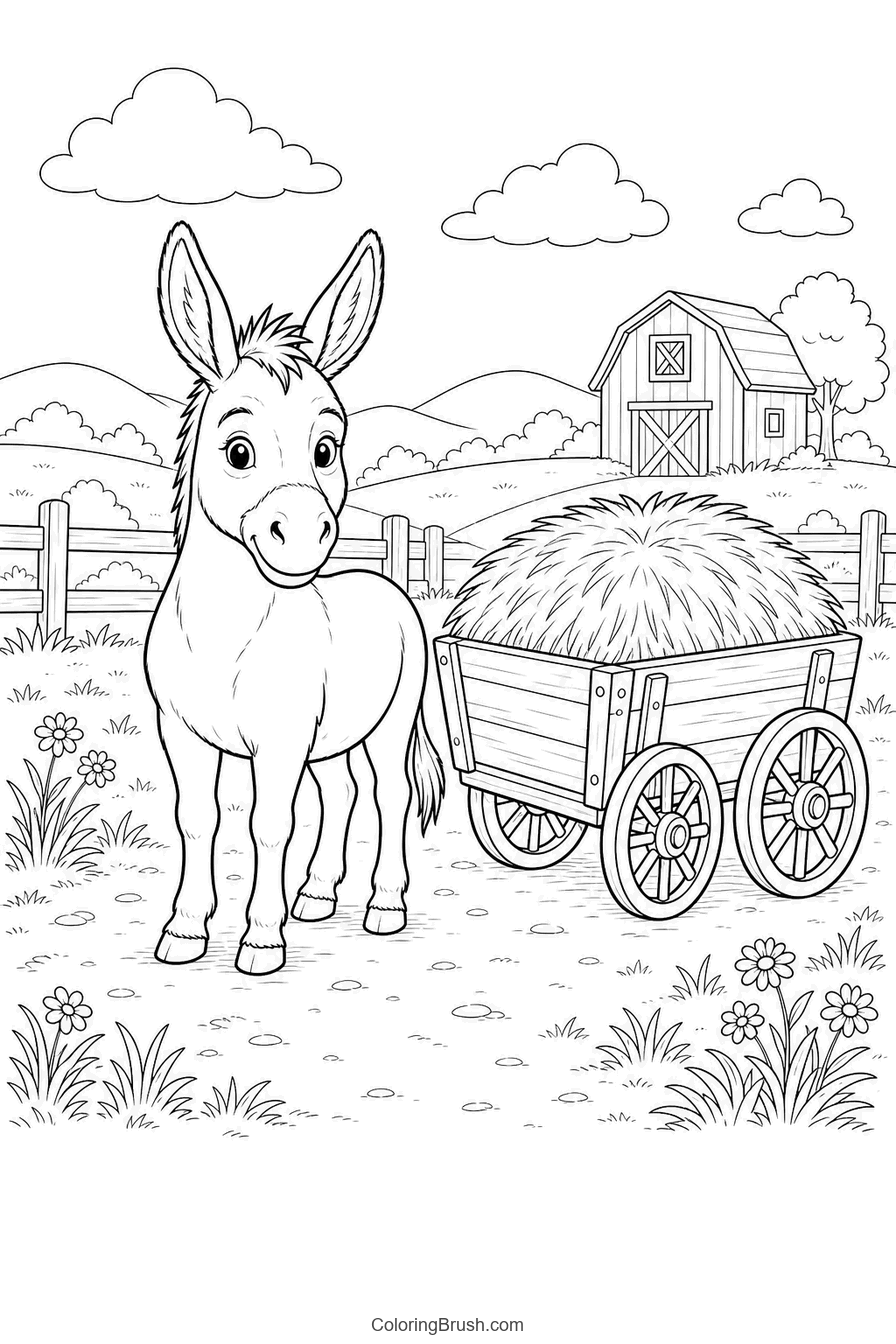 Friendly donkey standing beside a hay cart printable farm coloring page