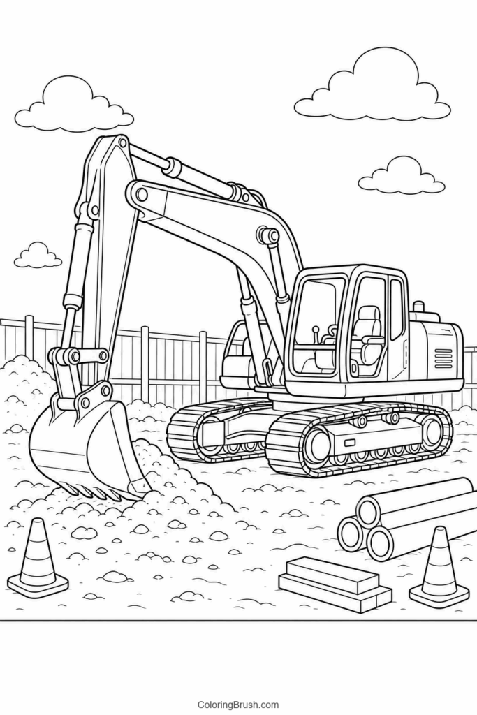 Excavator Digging printable construction vehicle coloring page