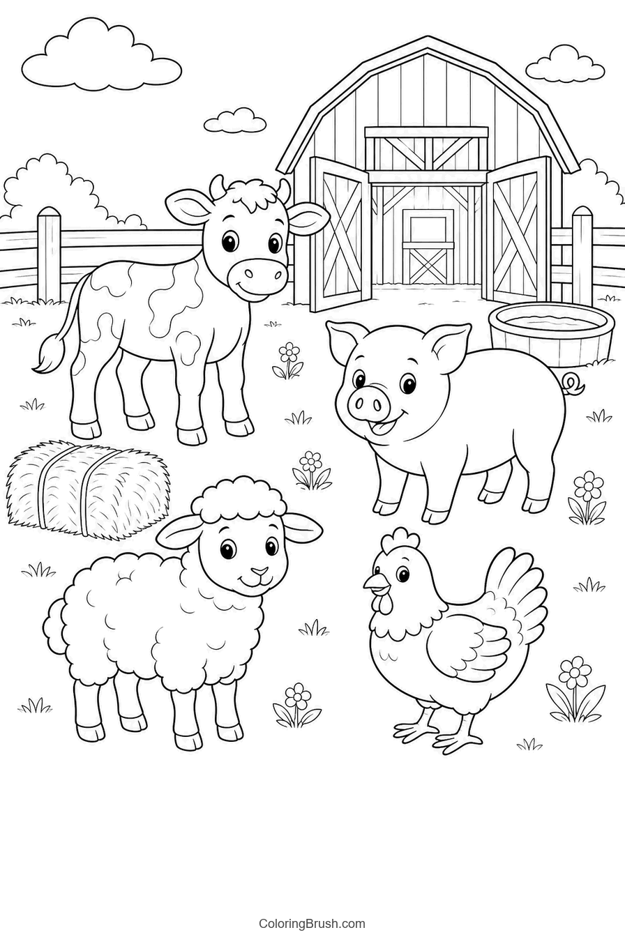 Cow pig chicken and sheep gathered by a barn printable coloring page