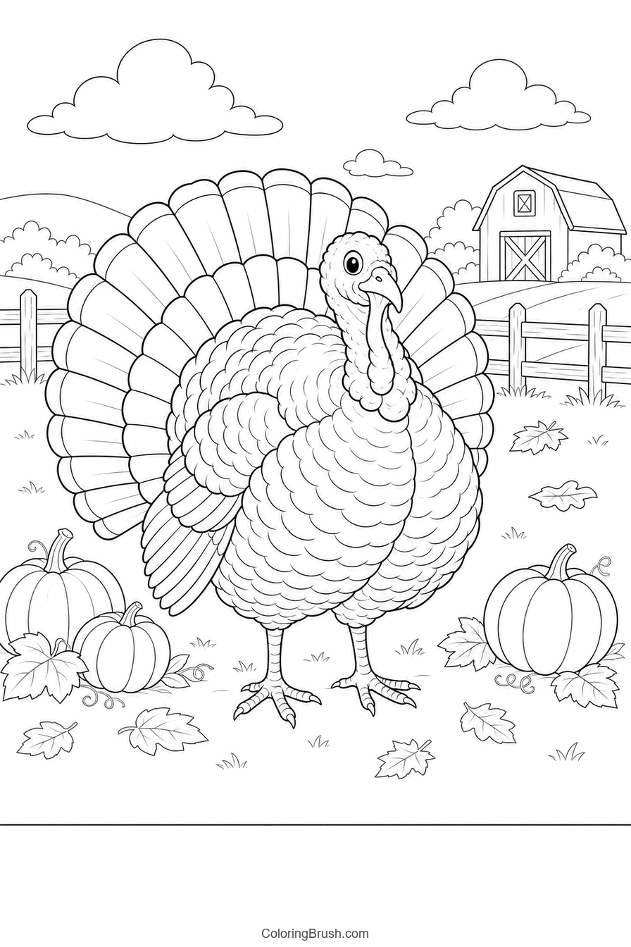 Turkey displaying tail feathers in a farmyard printable coloring page