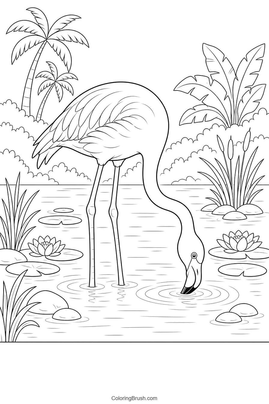 Flamingo Feeding In Lagoon printable flamingo coloring page