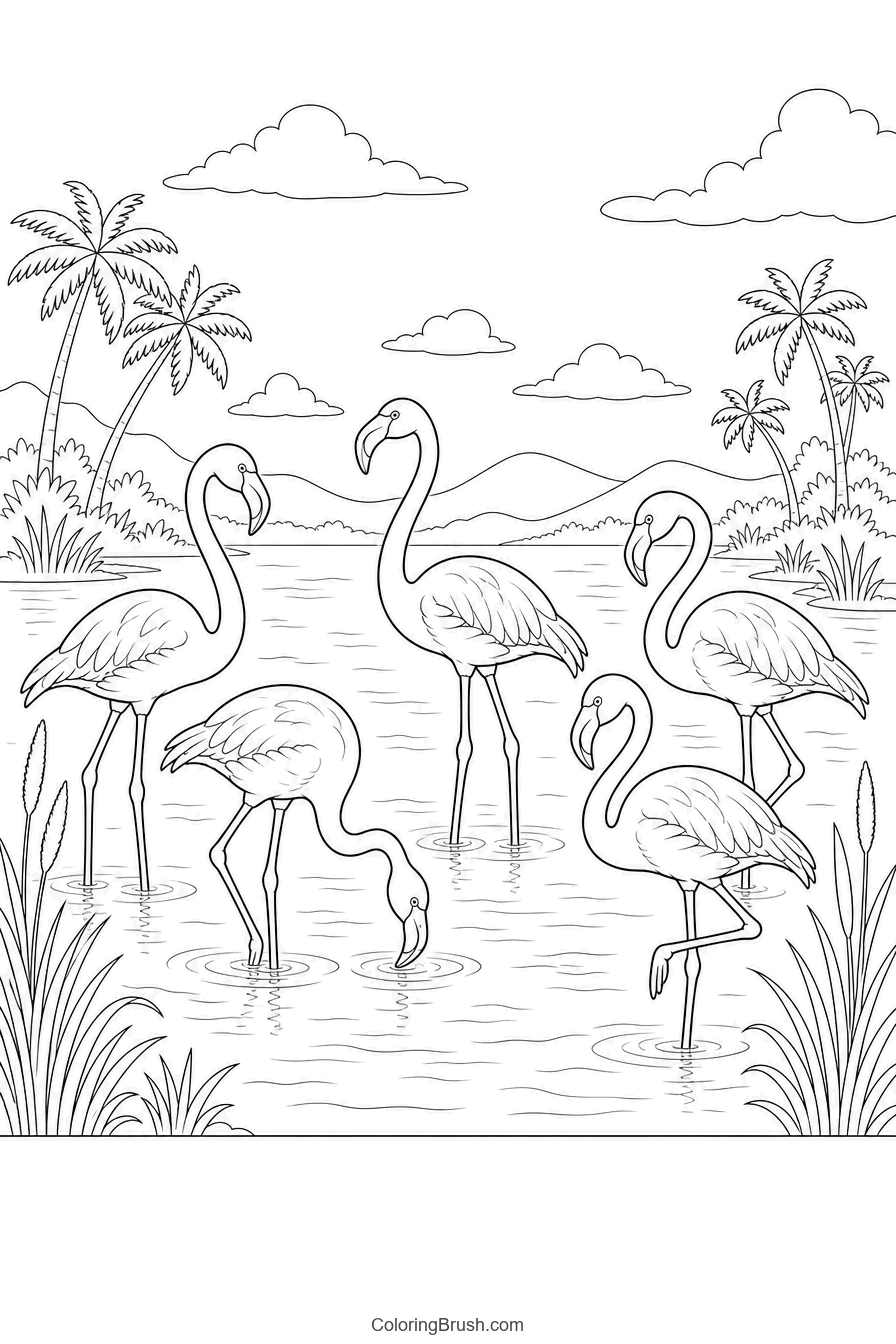 Flamingo Flock At Lagoon printable flamingo coloring page