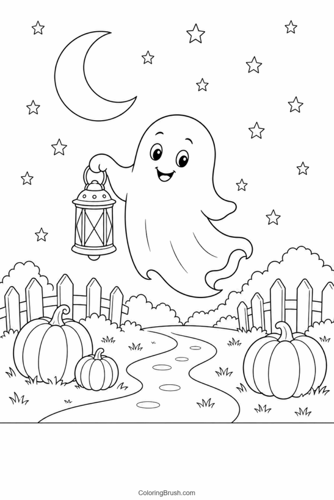 Friendly Ghost With Lantern printable ghost coloring page