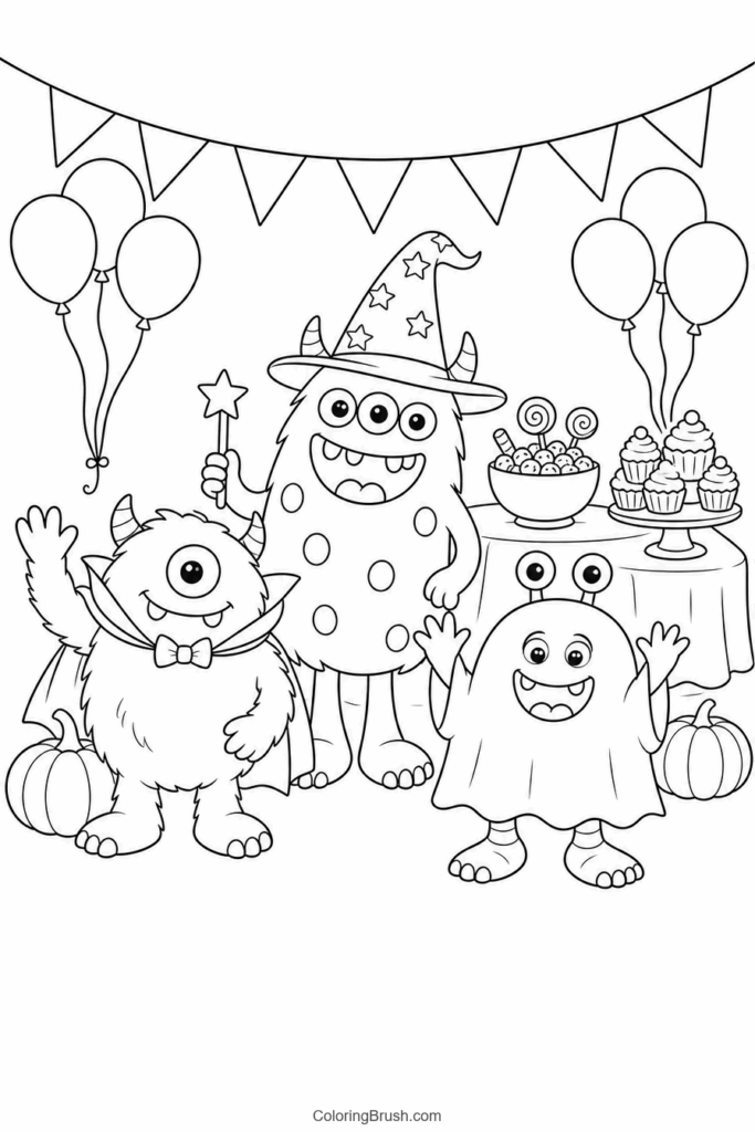 Friendly Monster Costume Party printable monster coloring page