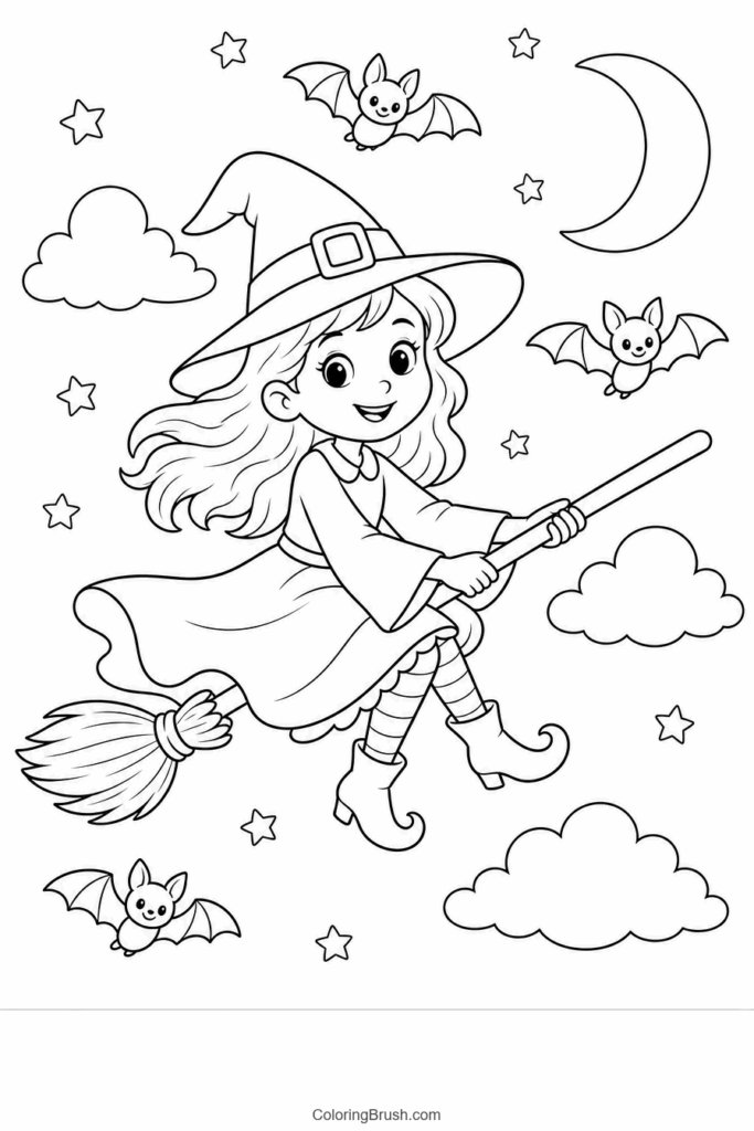 Friendly Witch Flying On Broom printable witch coloring page
