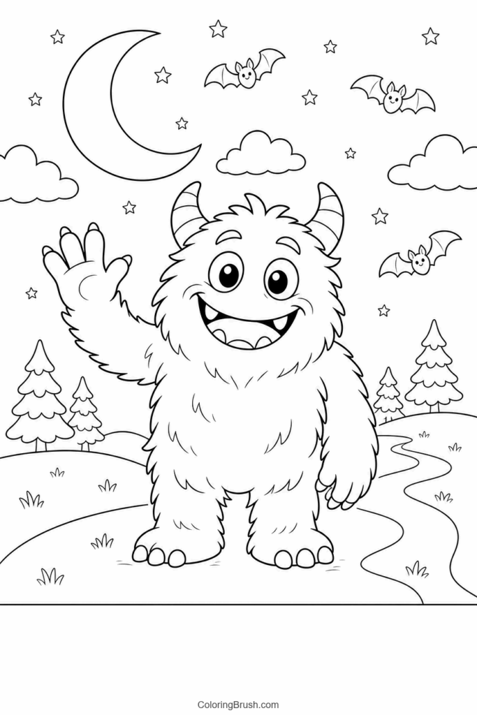 Furry Monster Under The Moon printable monster coloring page
