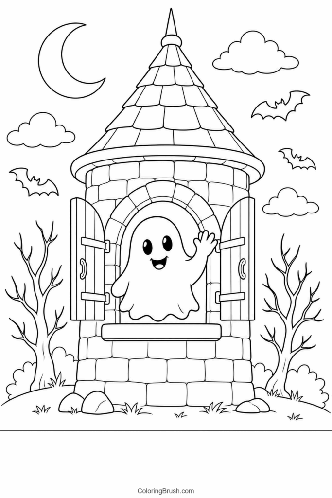Ghost At Haunted Castle Window printable ghost coloring page