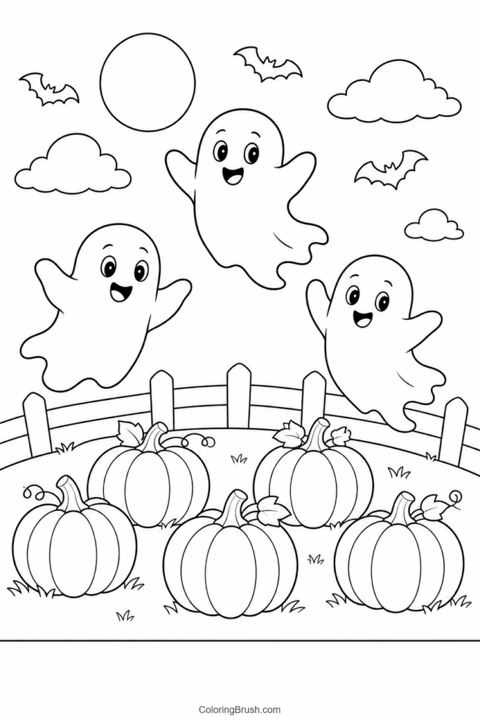 Ghosts In Pumpkin Patch printable ghost coloring page