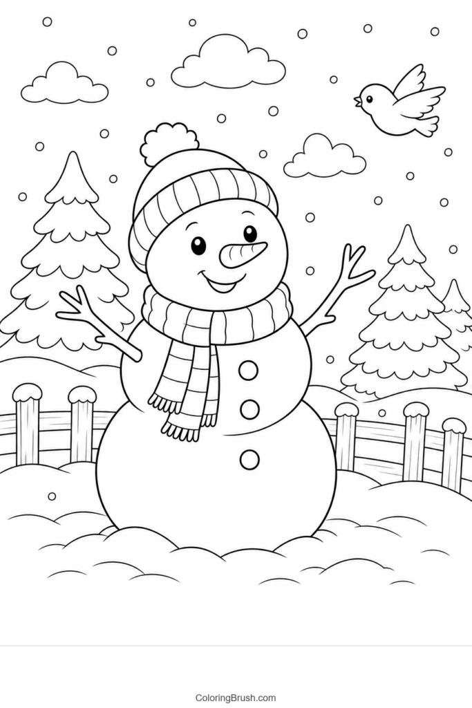 Happy Snowman During Snowfall printable snow coloring page