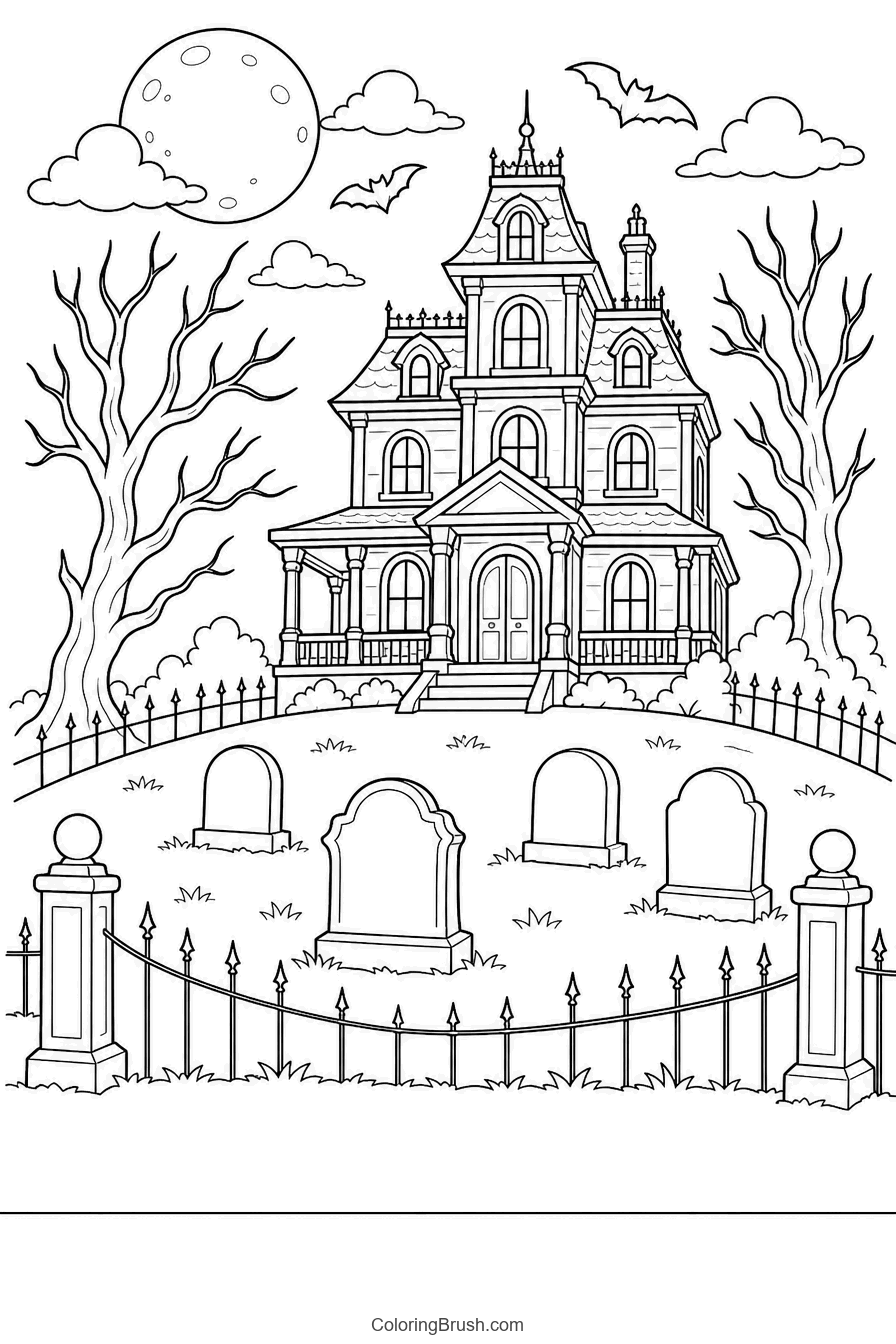 Haunted Mansion And Graveyard printable haunted house coloring page