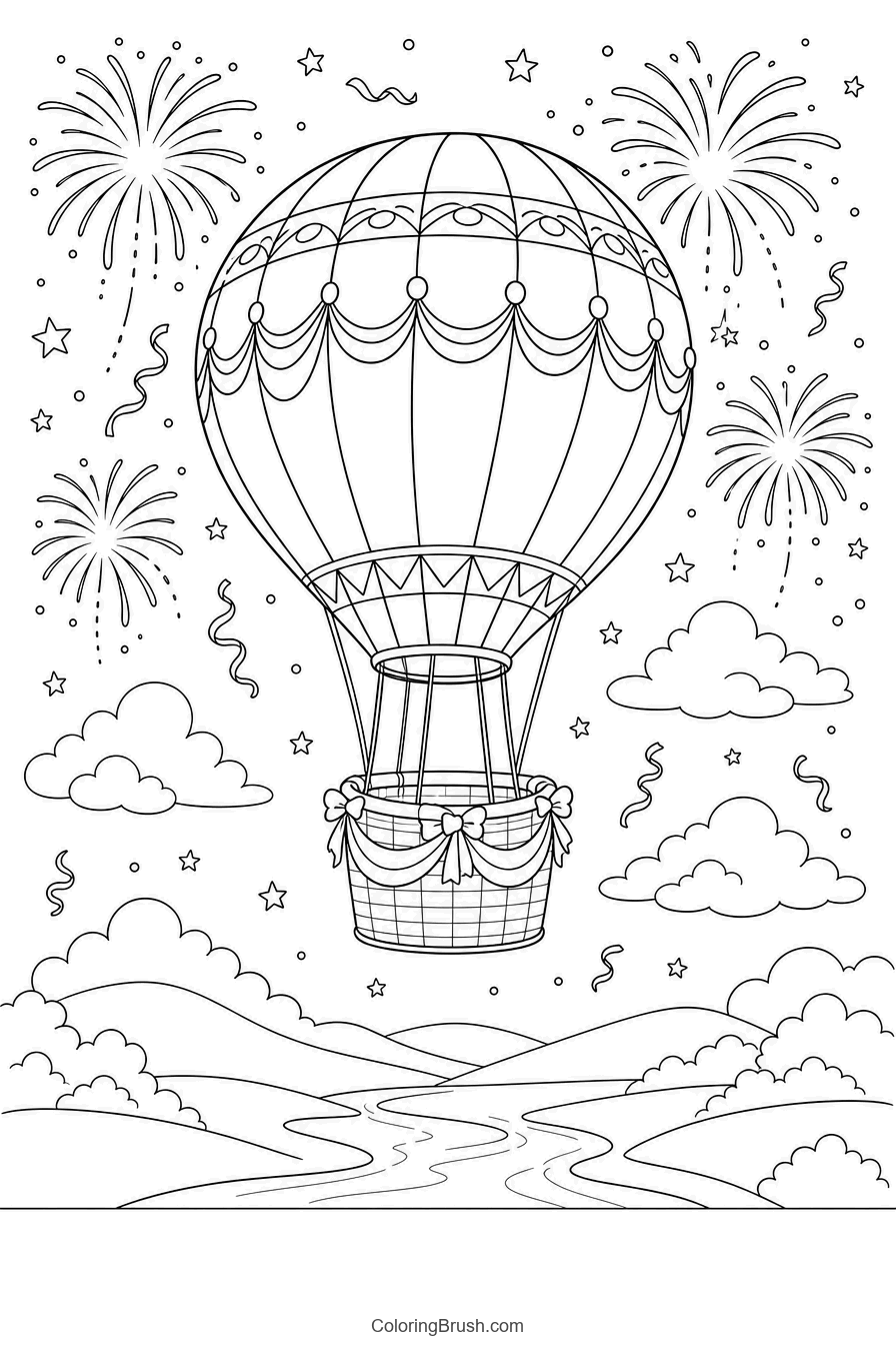 Hot Air Balloon And Fireworks printable new year coloring page