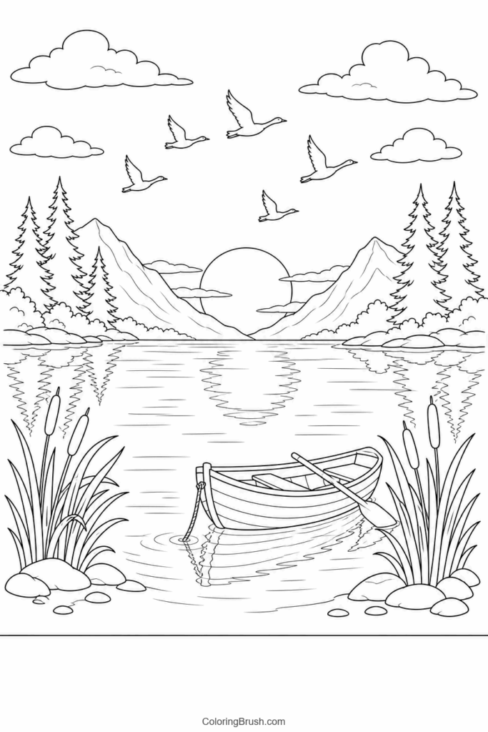 Lake Sunset With Birds printable sunset coloring page
