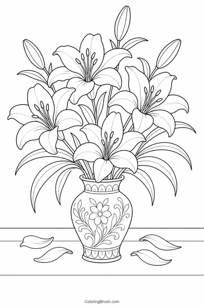 Lilies In Decorative Vase printable lily coloring page