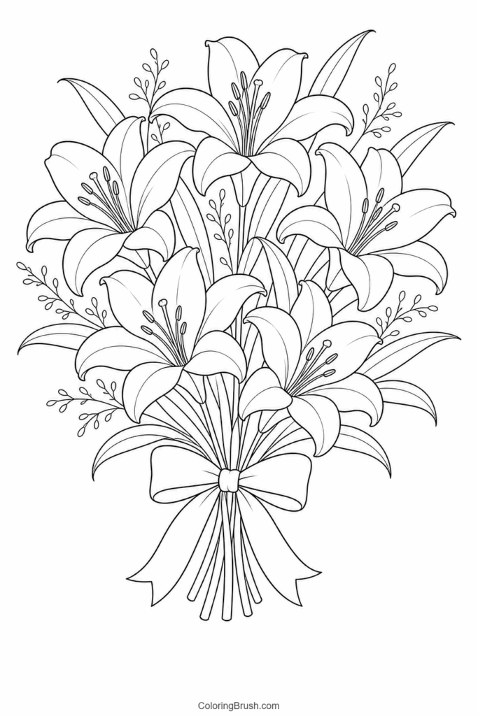 Lily Bouquet With Ribbon printable lily coloring page