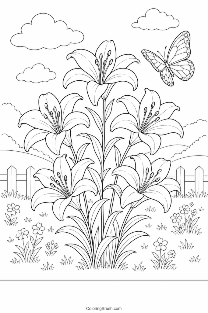 Lily Garden With Butterfly printable lily coloring page
