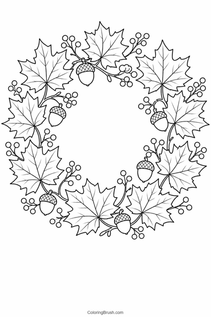 Maple Leaf Autumn Wreath printable autumn coloring page