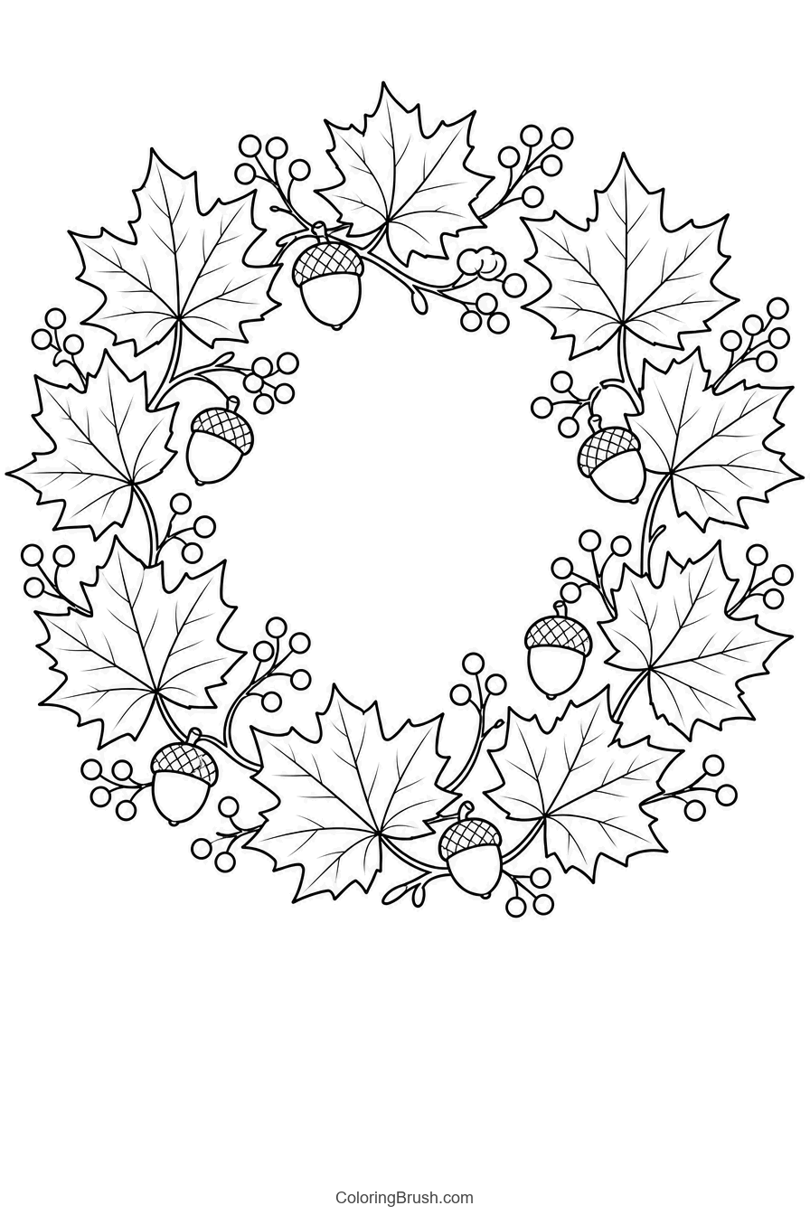 Maple Leaf Autumn Wreath printable autumn coloring page