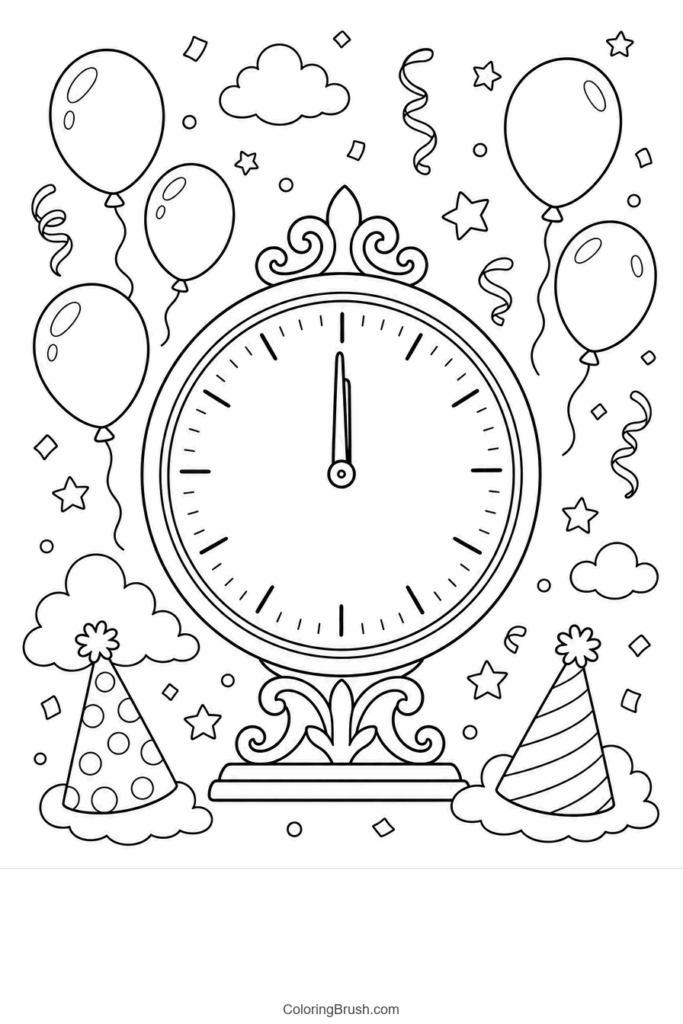 Midnight Clock With Balloons printable new year coloring page