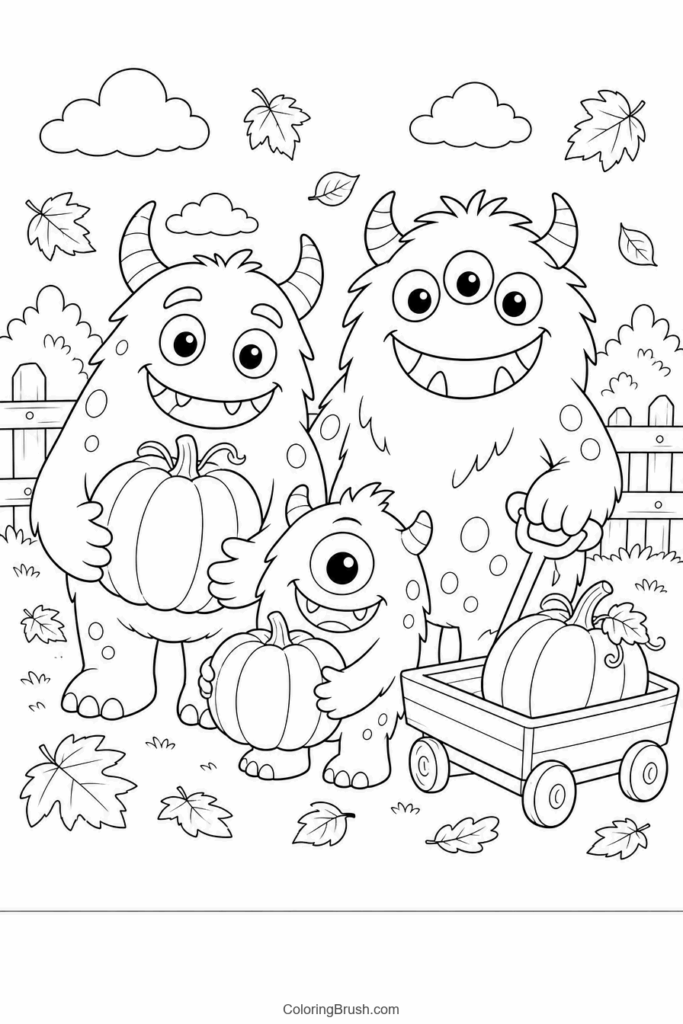 Monster Family With Pumpkins printable monster coloring page
