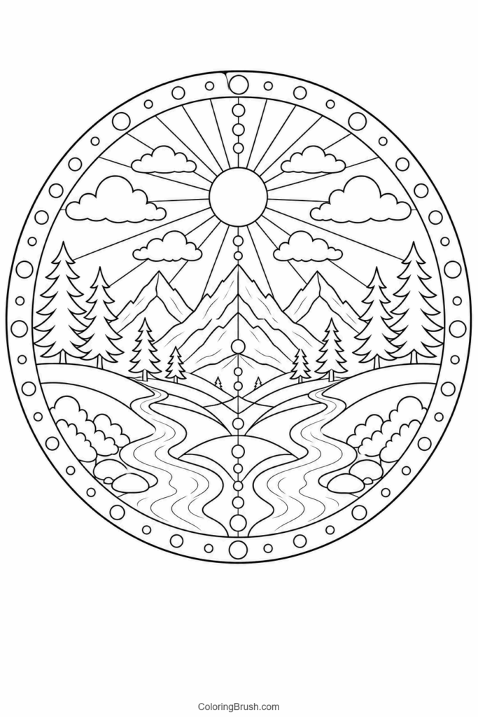 Mountain And Sun Nature Mandala printable nature mandala coloring page
