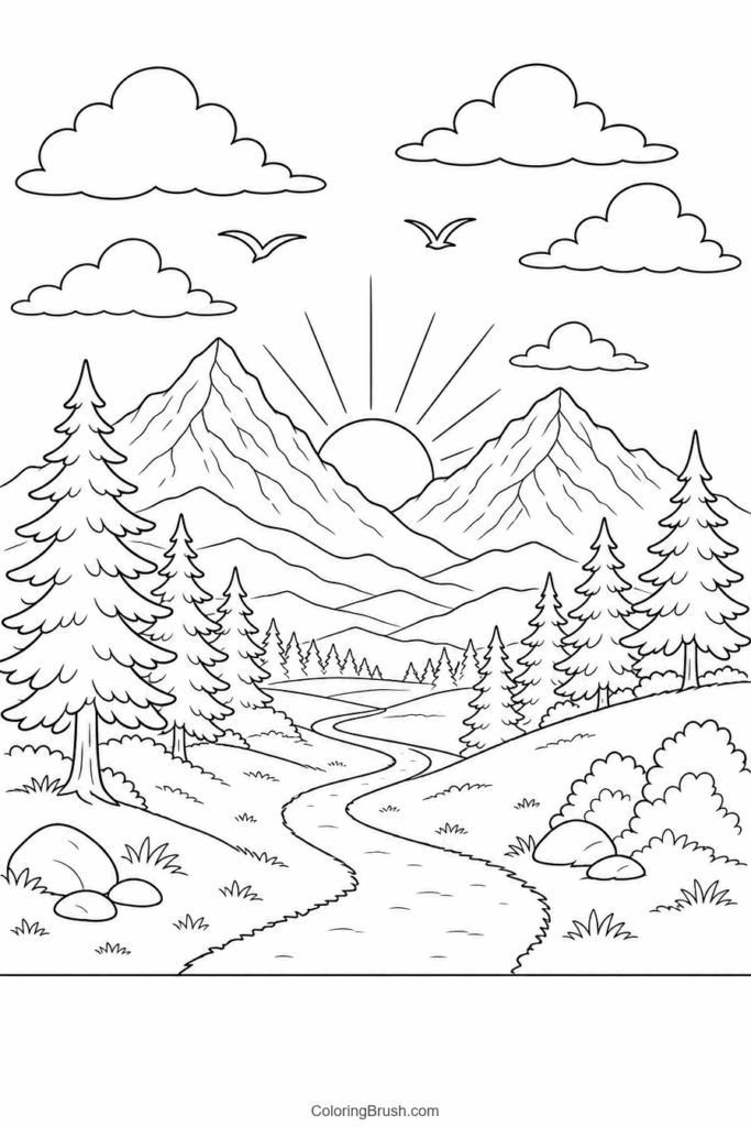 Mountain Sunset Landscape printable sunset coloring page