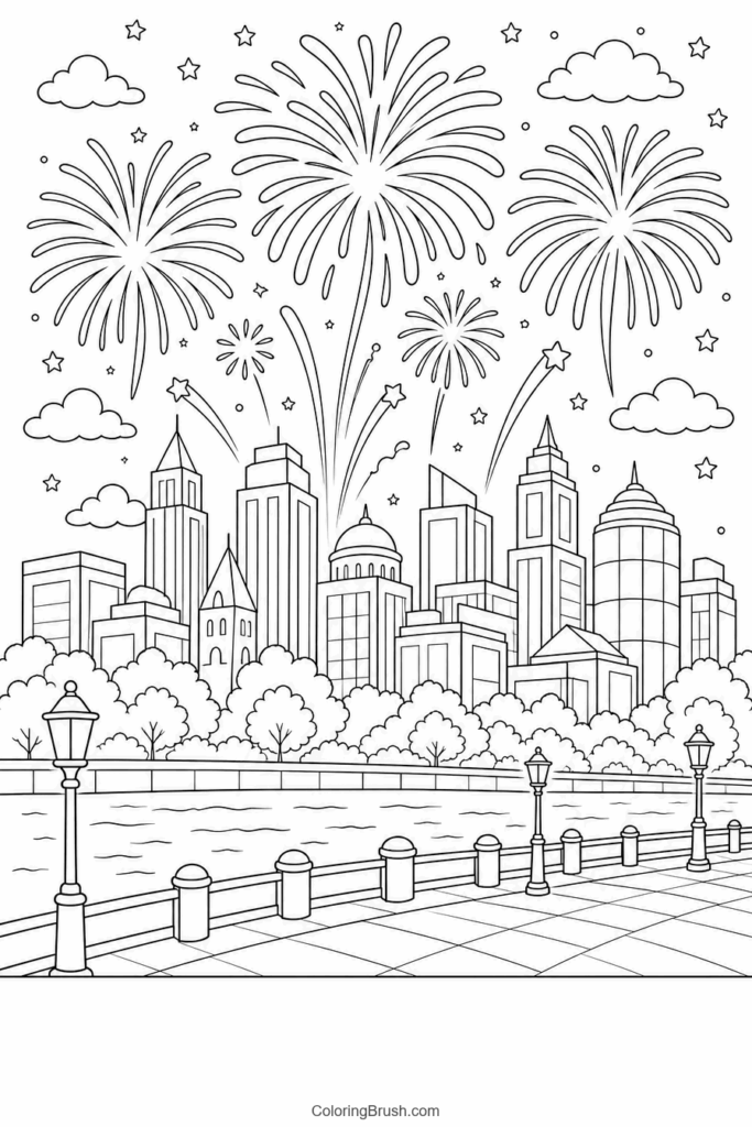 New Year Fireworks City Skyline printable new year coloring page
