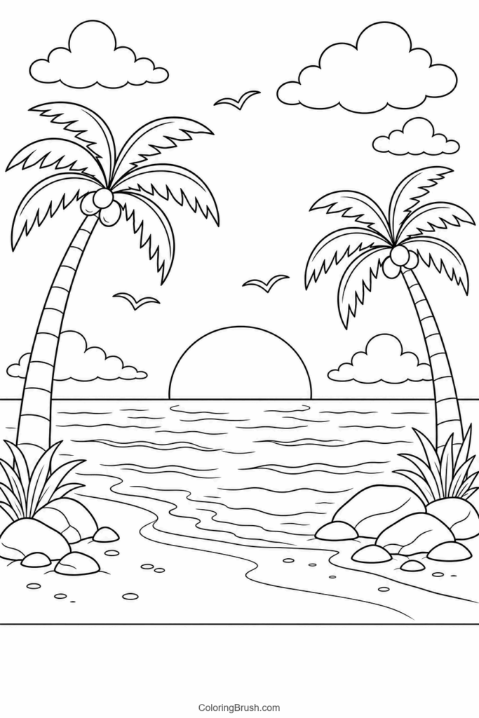 Ocean Sunset With Palm Trees printable sunset coloring page