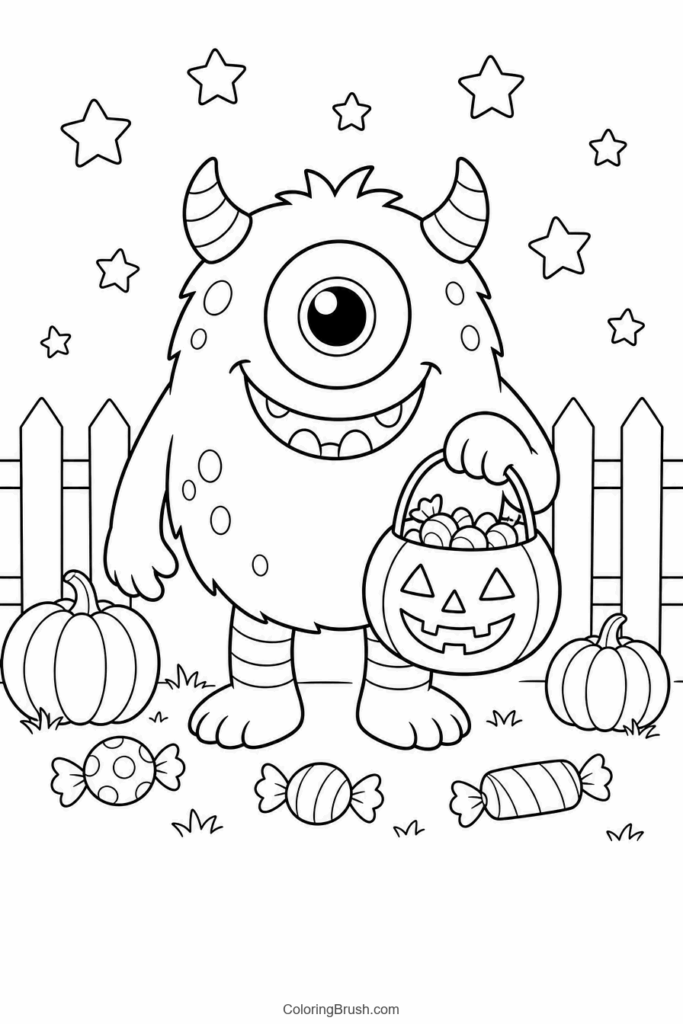 One Eyed Monster With Candy printable monster coloring page
