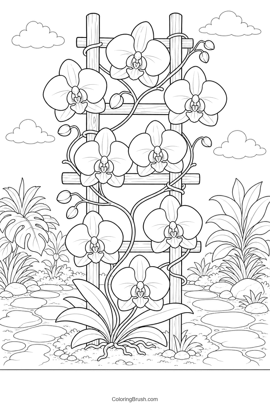 Orchids On Garden Trellis printable orchid coloring page