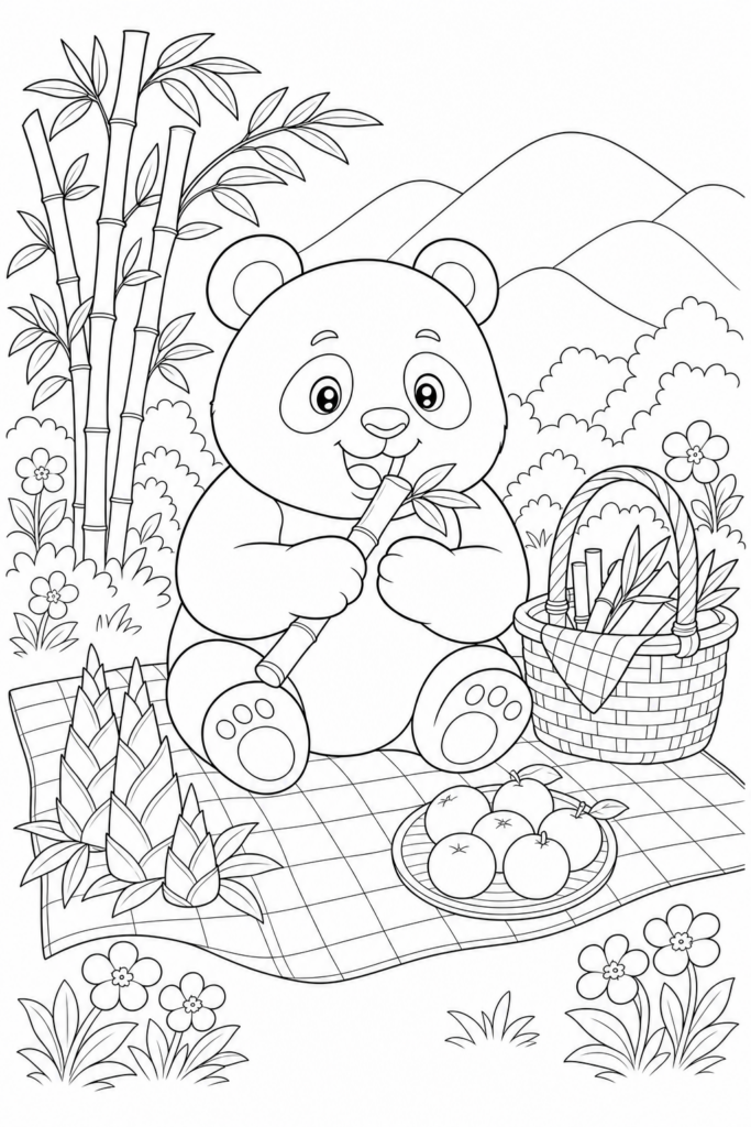 Panda having a bamboo picnic printable coloring page