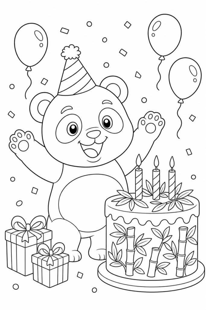 Happy panda with birthday cake and balloons printable coloring page