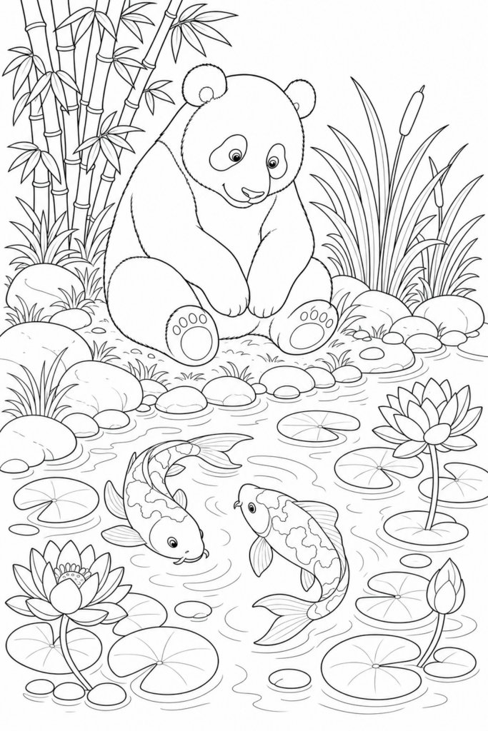 Panda watching koi fish in a pond printable coloring page