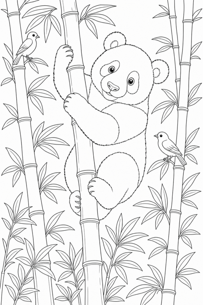 Panda climbing tall bamboo printable coloring page