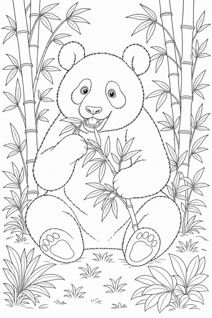 Smiling panda eating bamboo in a grove printable coloring page