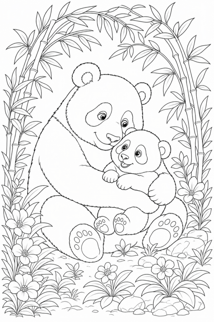 Panda mother cuddling her cub printable coloring page