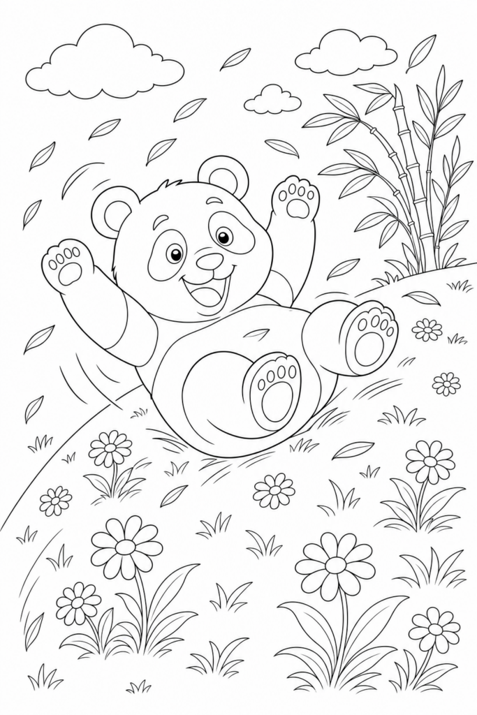 Playful panda rolling down a flower-covered hill printable coloring page