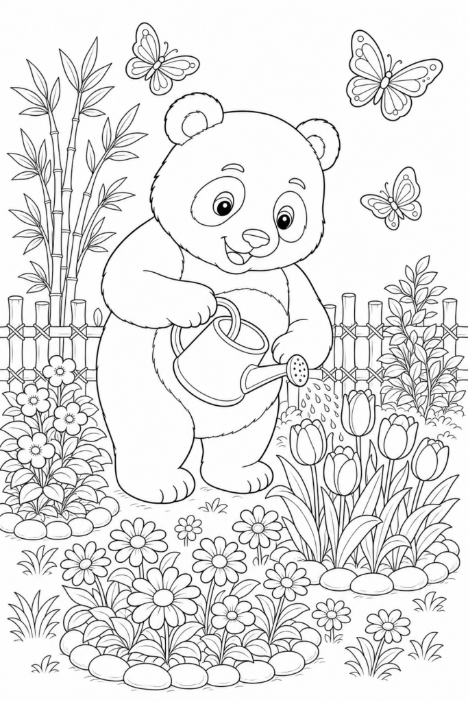 Panda watering flowers in a garden printable coloring page