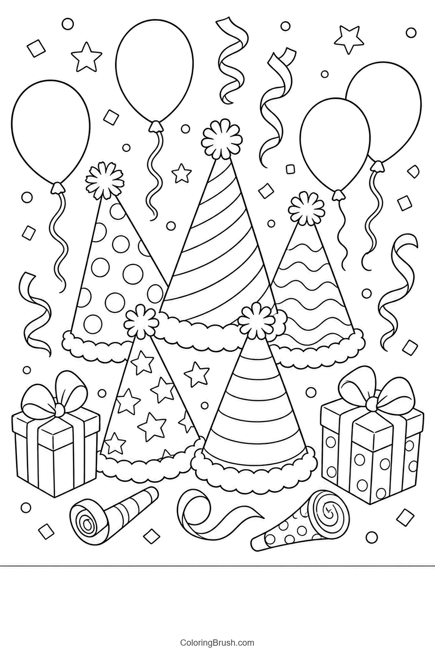 Party Hats And Confetti printable new year coloring page